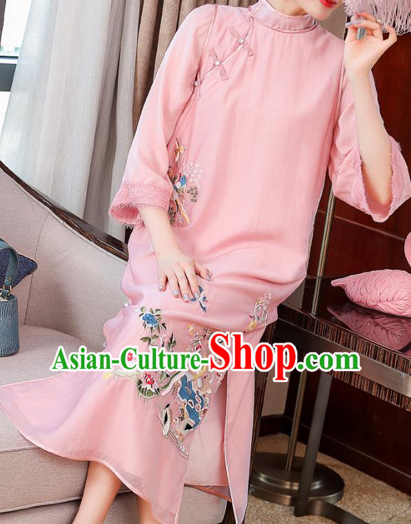 China Traditional Tang Suit Round Collar Qipao Dress Classical Embroidered Pink Tencel Cheongsam