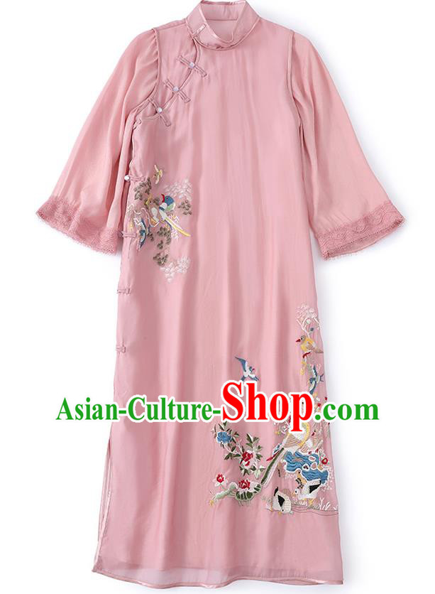 China Traditional Tang Suit Round Collar Qipao Dress Classical Embroidered Pink Tencel Cheongsam