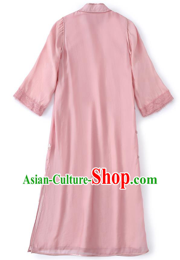 China Traditional Tang Suit Round Collar Qipao Dress Classical Embroidered Pink Tencel Cheongsam