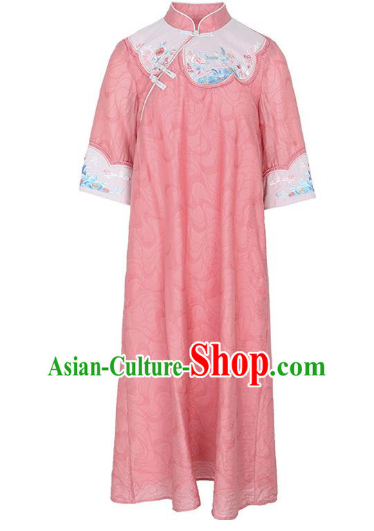 China Classical Embroidered Cheongsam Traditional Tang Suit Pink Tencel Qipao Dress
