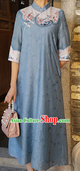 China Traditional Tang Suit Blue Tencel Qipao Dress Classical Embroidered Cheongsam