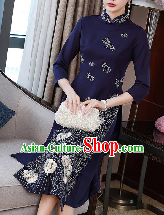 China Traditional Tang Suit Navy Satin Qipao Dress Modern Dance Ao Dai Cheongsam