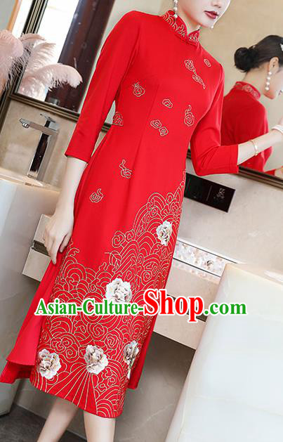 China Modern Dance Ao Dai Cheongsam Traditional Tang Suit Red Satin Qipao Dress