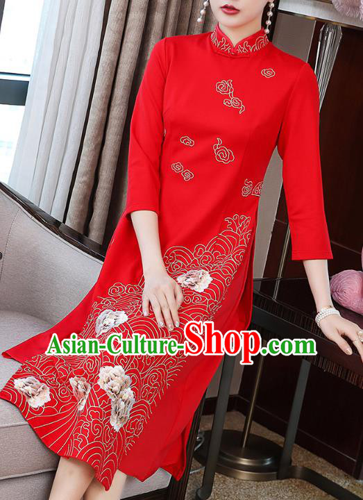 China Modern Dance Ao Dai Cheongsam Traditional Tang Suit Red Satin Qipao Dress