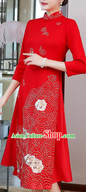 China Modern Dance Ao Dai Cheongsam Traditional Tang Suit Red Satin Qipao Dress