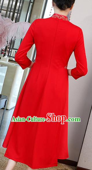 China Modern Dance Ao Dai Cheongsam Traditional Tang Suit Red Satin Qipao Dress