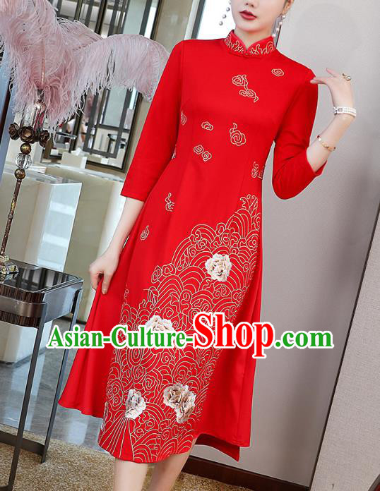 China Modern Dance Ao Dai Cheongsam Traditional Tang Suit Red Satin Qipao Dress