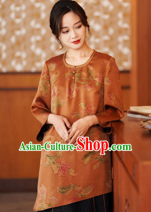 China Traditional Orange Silk Short Jacket National Gambiered Guangdong Gauze Upper Outer Garment