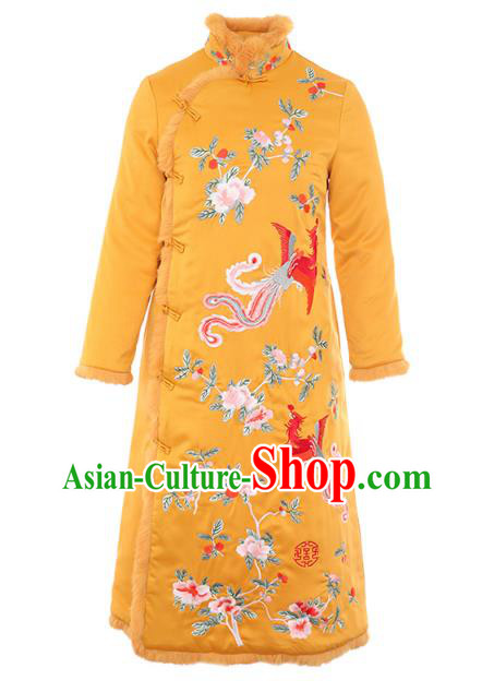 China Tang Suit Embroidered Phoenix Peony Cheongsam Traditional Classical Yellow Silk Qipao Dress