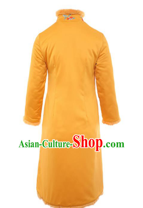 China Tang Suit Embroidered Phoenix Peony Cheongsam Traditional Classical Yellow Silk Qipao Dress