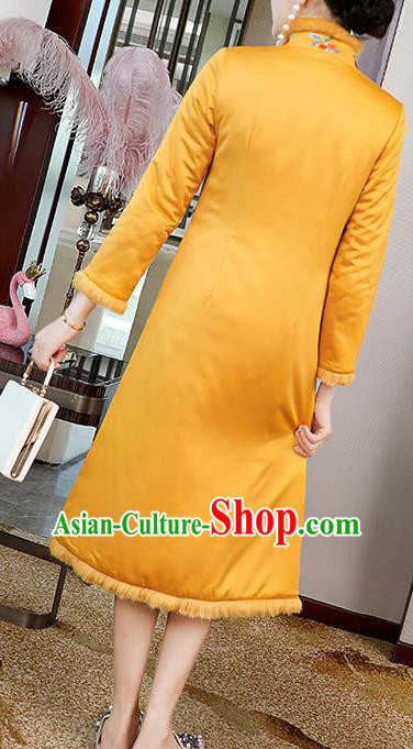 China Tang Suit Embroidered Phoenix Peony Cheongsam Traditional Classical Yellow Silk Qipao Dress