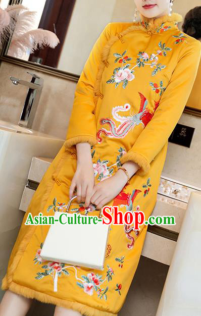 China Tang Suit Embroidered Phoenix Peony Cheongsam Traditional Classical Yellow Silk Qipao Dress