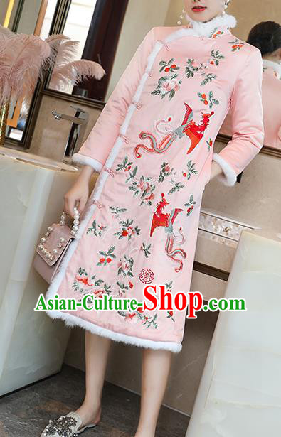 China Traditional Classical Pink Silk Qipao Dress Tang Suit Embroidered Phoenix Peony Cheongsam