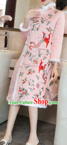 China Traditional Classical Pink Silk Qipao Dress Tang Suit Embroidered Phoenix Peony Cheongsam