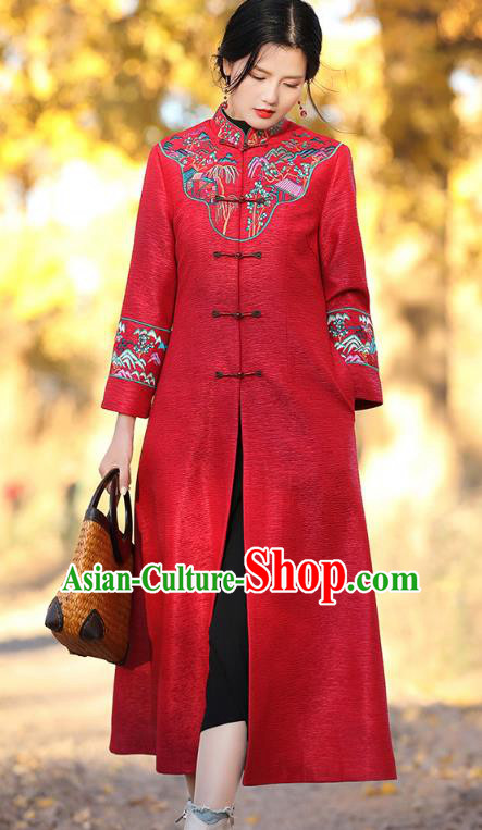 Chinese Traditional Embroidered Outer Garment National Tang Suit Red Dust Coat