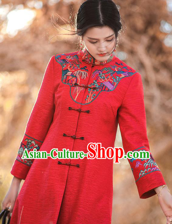 Chinese Traditional Embroidered Outer Garment National Tang Suit Red Dust Coat