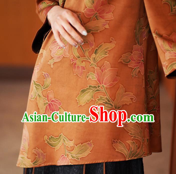 China Traditional Orange Silk Short Jacket National Gambiered Guangdong Gauze Upper Outer Garment