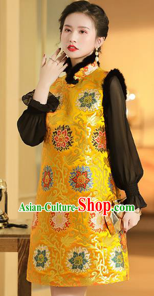 Chinese Traditional Tang Suit Yellow Brocade Vest National Winter Cotton Wadded Waistcoat