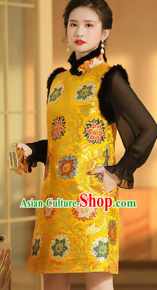 Chinese Traditional Tang Suit Yellow Brocade Vest National Winter Cotton Wadded Waistcoat
