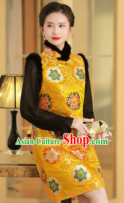 Chinese Traditional Tang Suit Yellow Brocade Vest National Winter Cotton Wadded Waistcoat