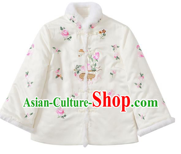 Chinese Winter Tang Suit Overcoat Traditional Embroidered White Cotton Wadded Jacket