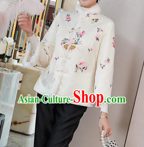 Chinese Winter Tang Suit Overcoat Traditional Embroidered White Cotton Wadded Jacket