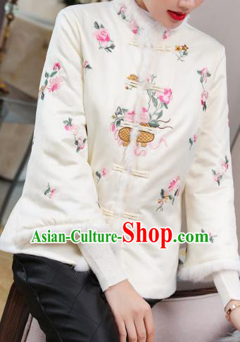 Chinese Winter Tang Suit Overcoat Traditional Embroidered White Cotton Wadded Jacket