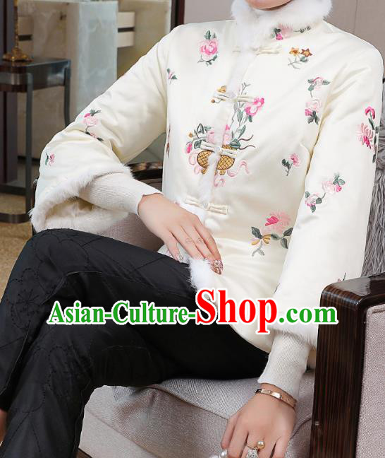 Chinese Winter Tang Suit Overcoat Traditional Embroidered White Cotton Wadded Jacket