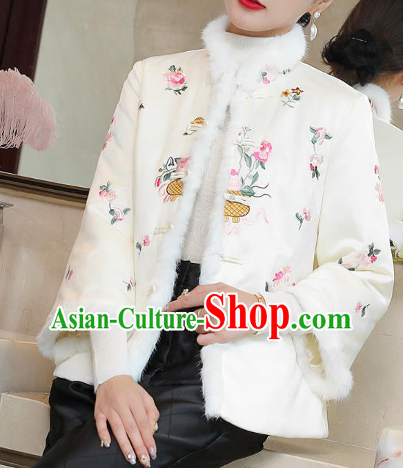 Chinese Winter Tang Suit Overcoat Traditional Embroidered White Cotton Wadded Jacket