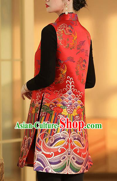 Chinese Traditional Tang Suit Vest Classical Phoenix Peony Pattern Red Brocade Waistcoat