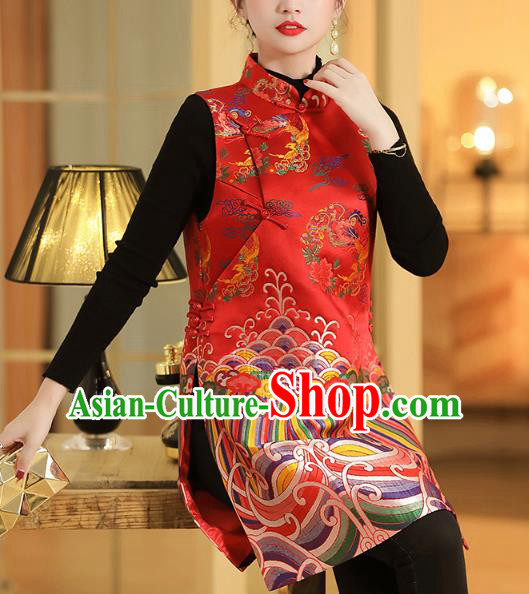 Chinese Traditional Tang Suit Vest Classical Phoenix Peony Pattern Red Brocade Waistcoat