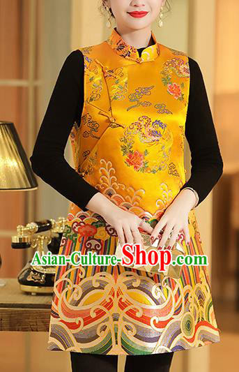Chinese Classical Phoenix Peony Pattern Yellow Brocade Waistcoat Traditional Tang Suit Vest