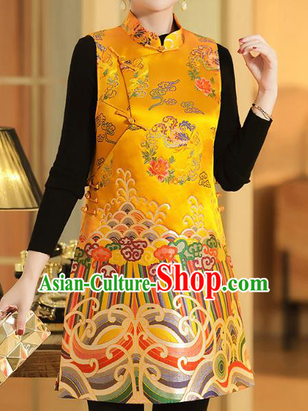 Chinese Classical Phoenix Peony Pattern Yellow Brocade Waistcoat Traditional Tang Suit Vest