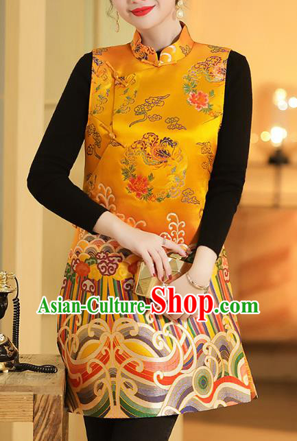Chinese Classical Phoenix Peony Pattern Yellow Brocade Waistcoat Traditional Tang Suit Vest