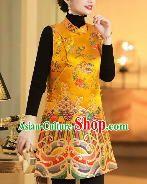 Chinese Classical Phoenix Peony Pattern Yellow Brocade Waistcoat Traditional Tang Suit Vest
