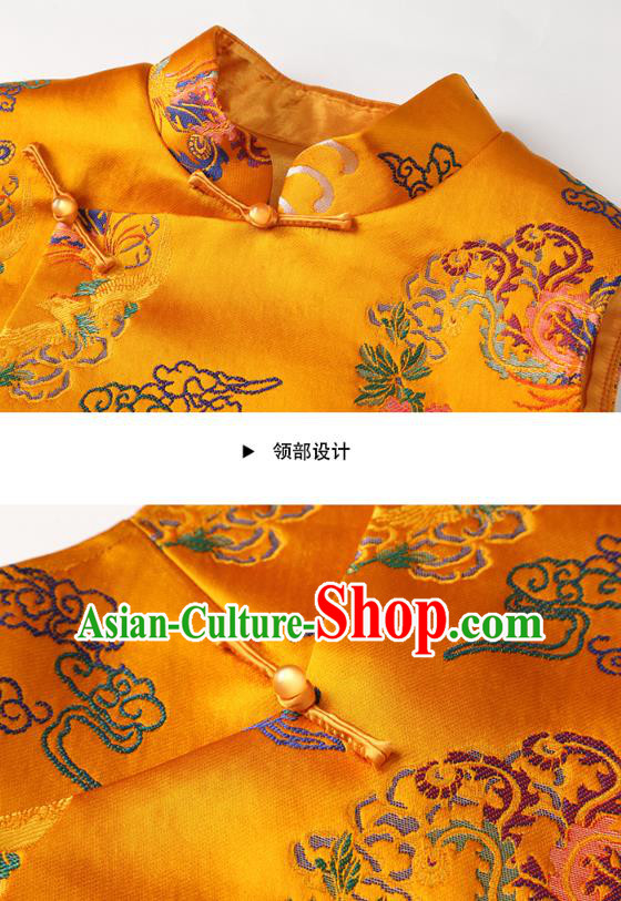 Chinese Classical Phoenix Peony Pattern Yellow Brocade Waistcoat Traditional Tang Suit Vest