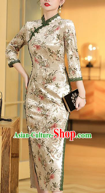 China Classical Beige Velvet Qipao Dress Traditional Tang Suit Printing Flowers Cheongsam Costume
