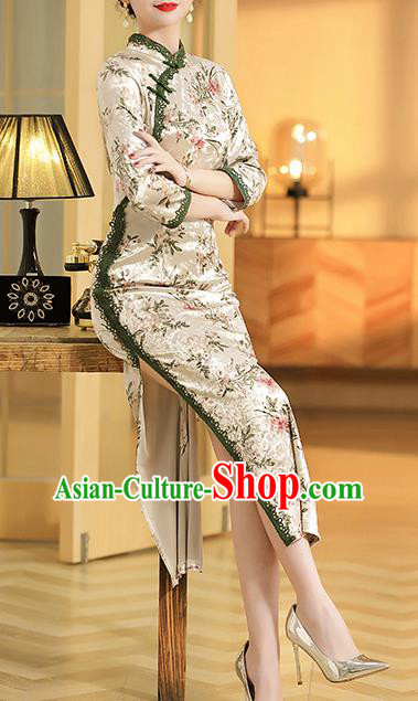 China Classical Beige Velvet Qipao Dress Traditional Tang Suit Printing Flowers Cheongsam Costume