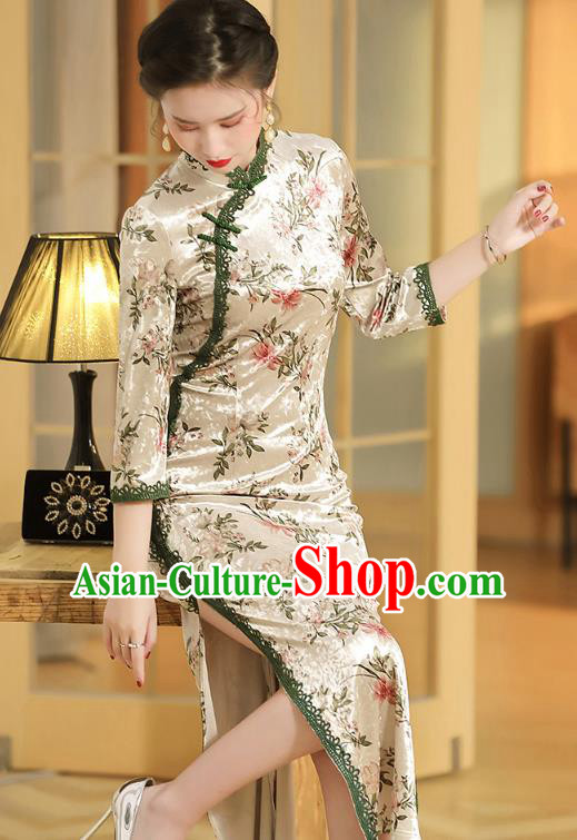 China Classical Beige Velvet Qipao Dress Traditional Tang Suit Printing Flowers Cheongsam Costume