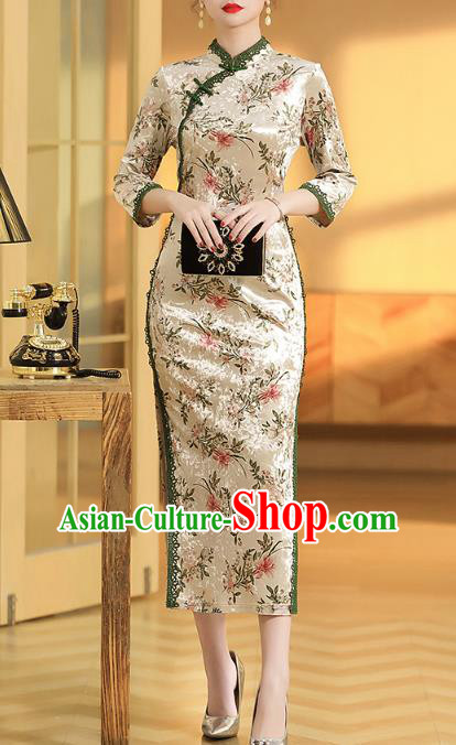 China Classical Beige Velvet Qipao Dress Traditional Tang Suit Printing Flowers Cheongsam Costume