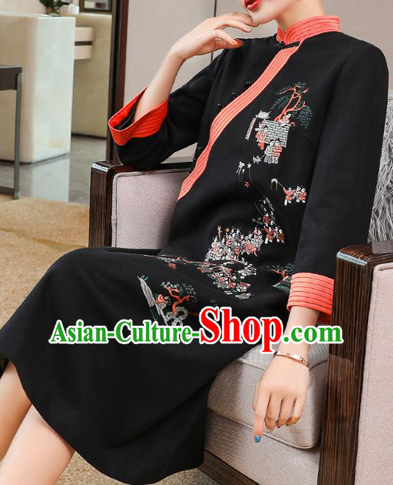 China Traditional Tang Suit Embroidered Cheongsam Zen Costume Classical Black Woolen Qipao Dress