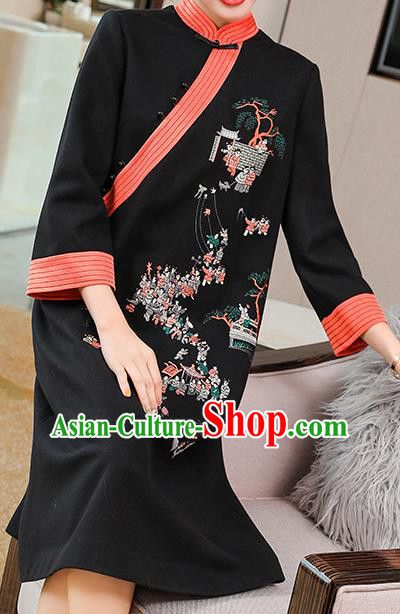 China Traditional Tang Suit Embroidered Cheongsam Zen Costume Classical Black Woolen Qipao Dress