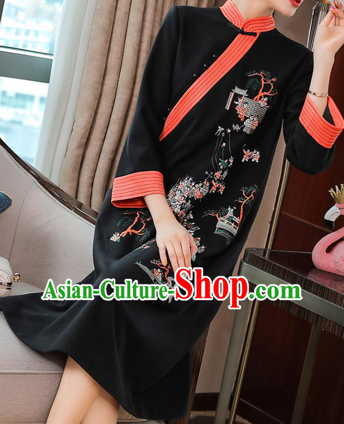 China Traditional Tang Suit Embroidered Cheongsam Zen Costume Classical Black Woolen Qipao Dress