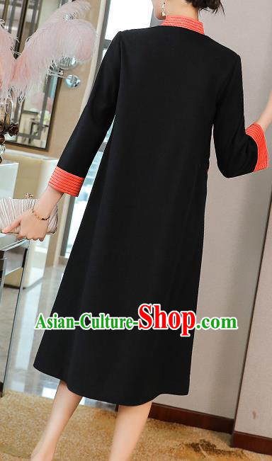 China Traditional Tang Suit Embroidered Cheongsam Zen Costume Classical Black Woolen Qipao Dress