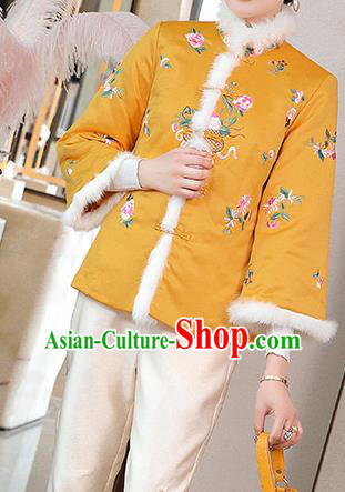 Chinese Traditional Embroidered Yellow Cotton Wadded Jacket Winter Tang Suit Overcoat Garment