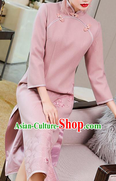 China Classical Tang Suit Qipao Dress Traditional Embroidered Pink Wool Cheongsam Costume