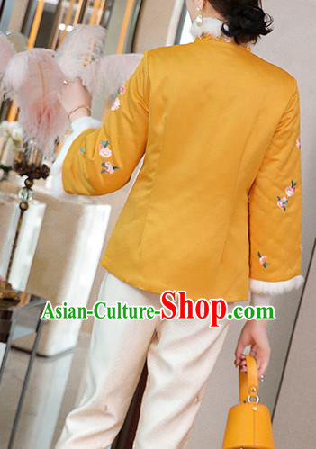 Chinese Traditional Embroidered Yellow Cotton Wadded Jacket Winter Tang Suit Overcoat Garment
