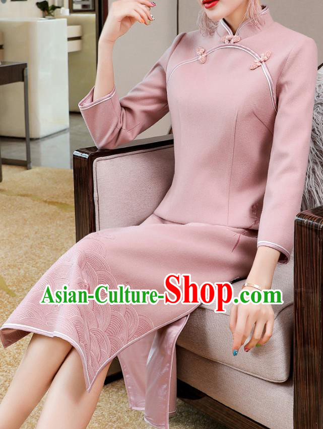 China Classical Tang Suit Qipao Dress Traditional Embroidered Pink Wool Cheongsam Costume