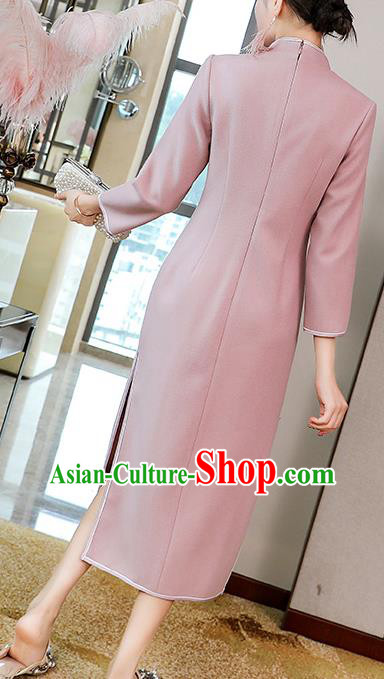 China Classical Tang Suit Qipao Dress Traditional Embroidered Pink Wool Cheongsam Costume