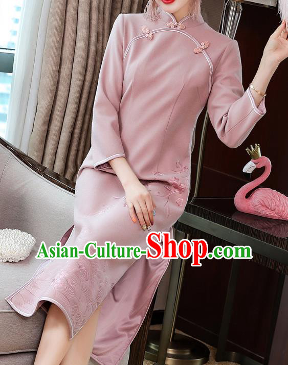 China Classical Tang Suit Qipao Dress Traditional Embroidered Pink Wool Cheongsam Costume